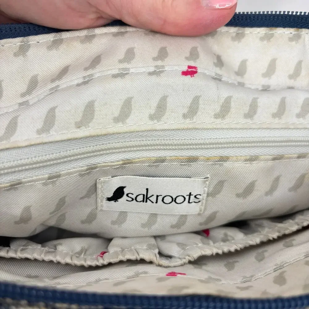 Sakroots Ellis Straw Satchel Shoulder Bag Blue Floral Boho Leather Trim Handbag - Picture 3 of 11